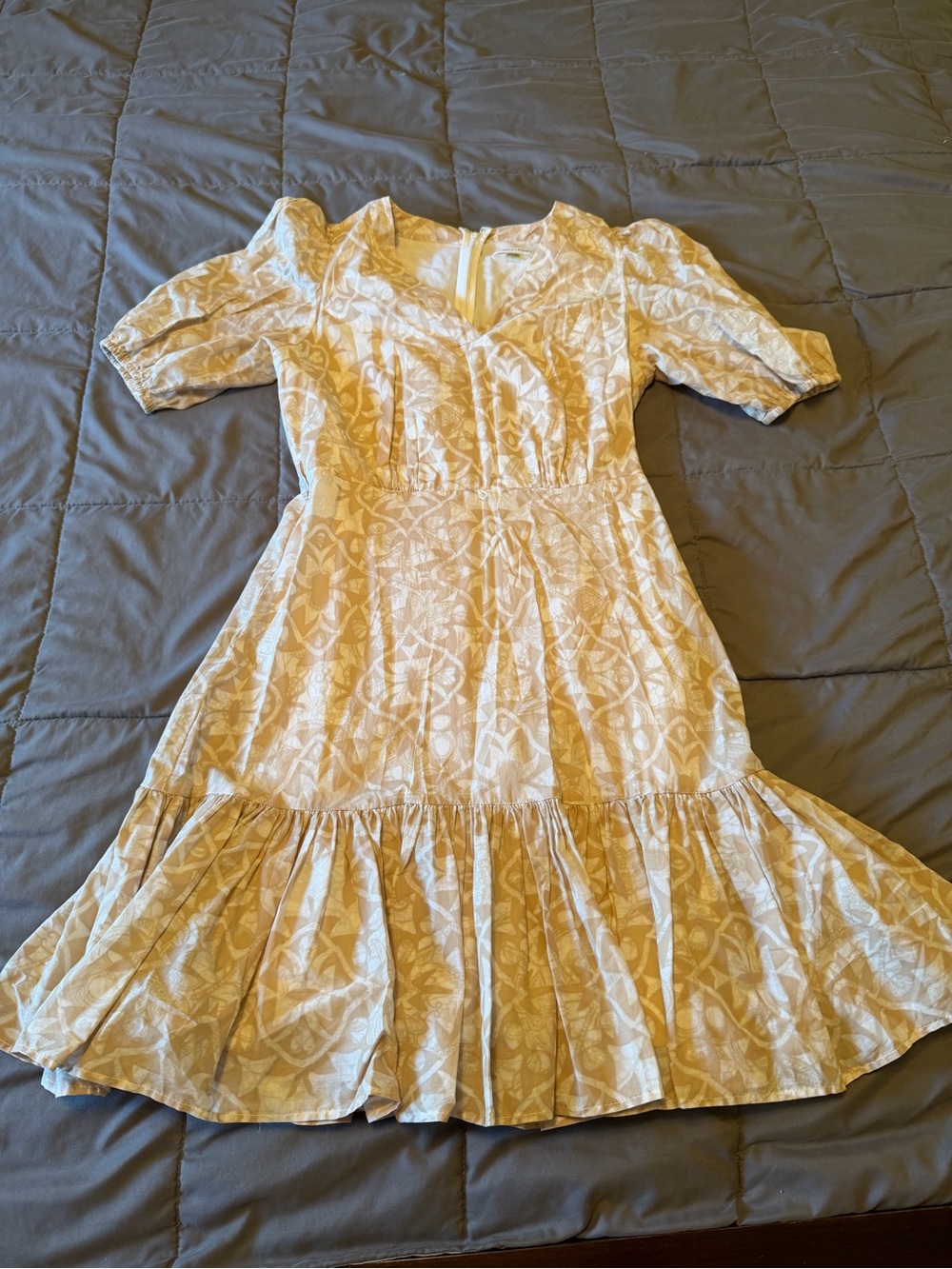 Calvin Klein Beige Printed Tiered Puff-Sleeve Dress